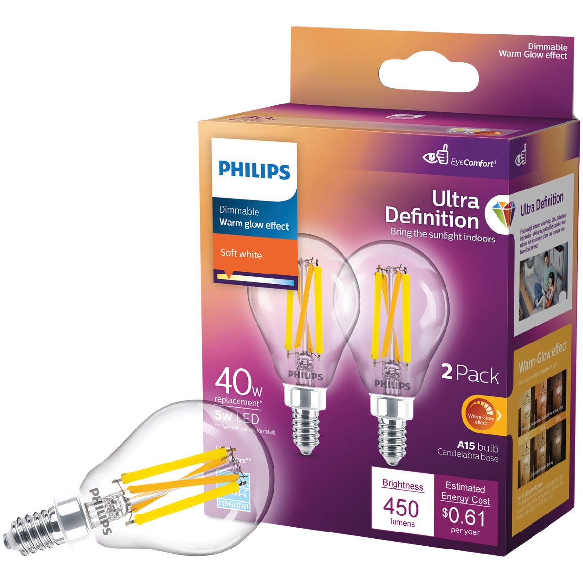 Philips Ultra Definition Warm Glow 40W Equivalent Soft White A15 Candelabra LED Light Bulb (2-Pack)