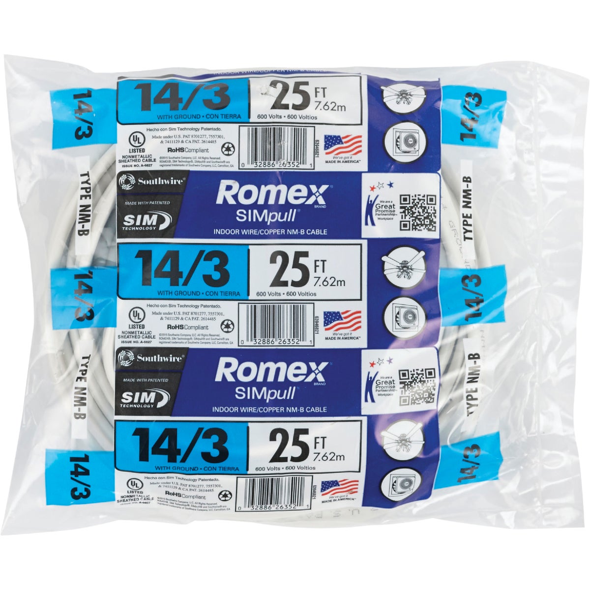 Romex 25 Ft. 14-3 Solid White NMW/G Electrical Wire