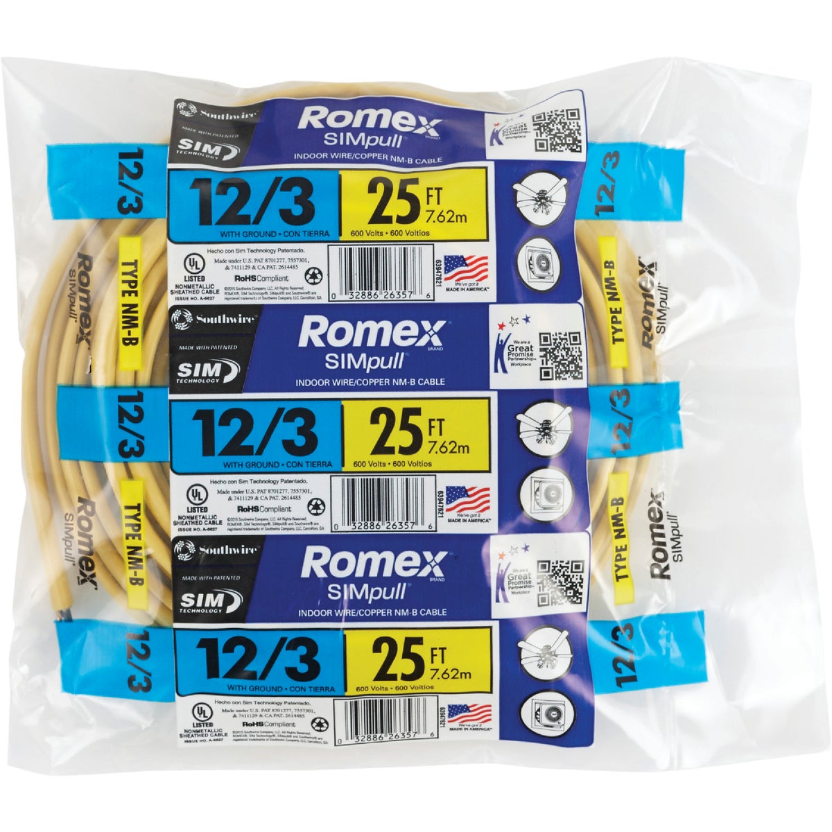 Romex 25 Ft. 12-3 Solid Yellow NMW/G Electrical Wire