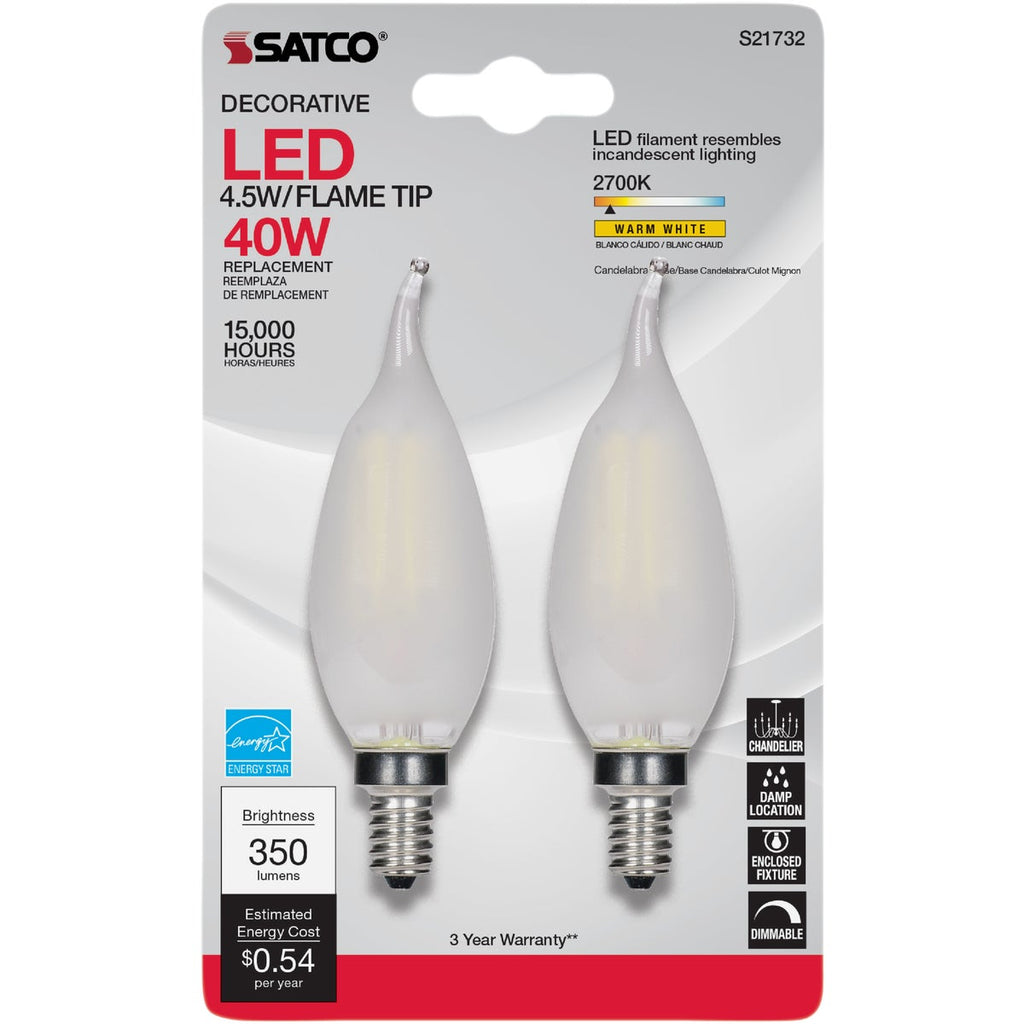 Satco Nuvo 40W Equivalent Warm White Frosted CA10 Candelabra LED Decorative Light Bulb (2-Pack)