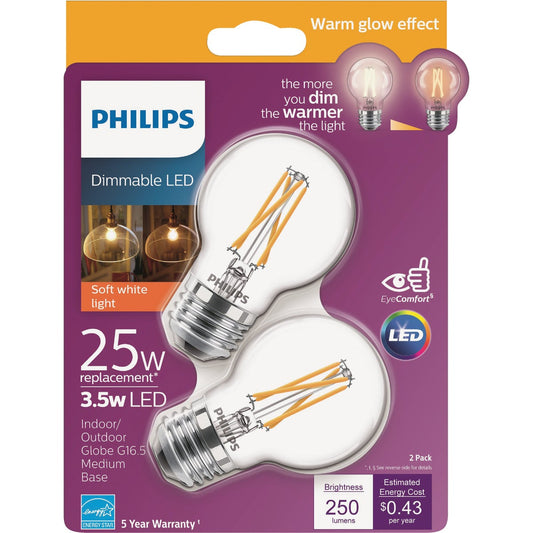 Philips Warm Glow 25W Equivalent Soft White Medium G16.5 LED Decorative Light Bulb, Title 20 (2-Pack)