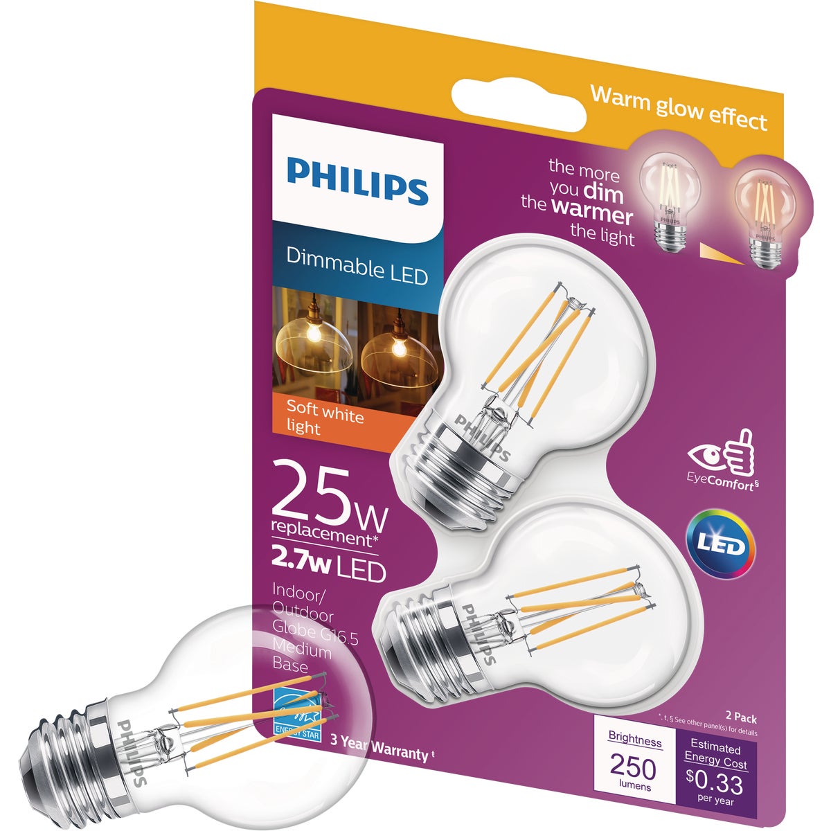 Philips Warm Glow 25W Equivalent Soft White Medium G16.5 LED Decorative Light Bulb, Title 20 (2-Pack)