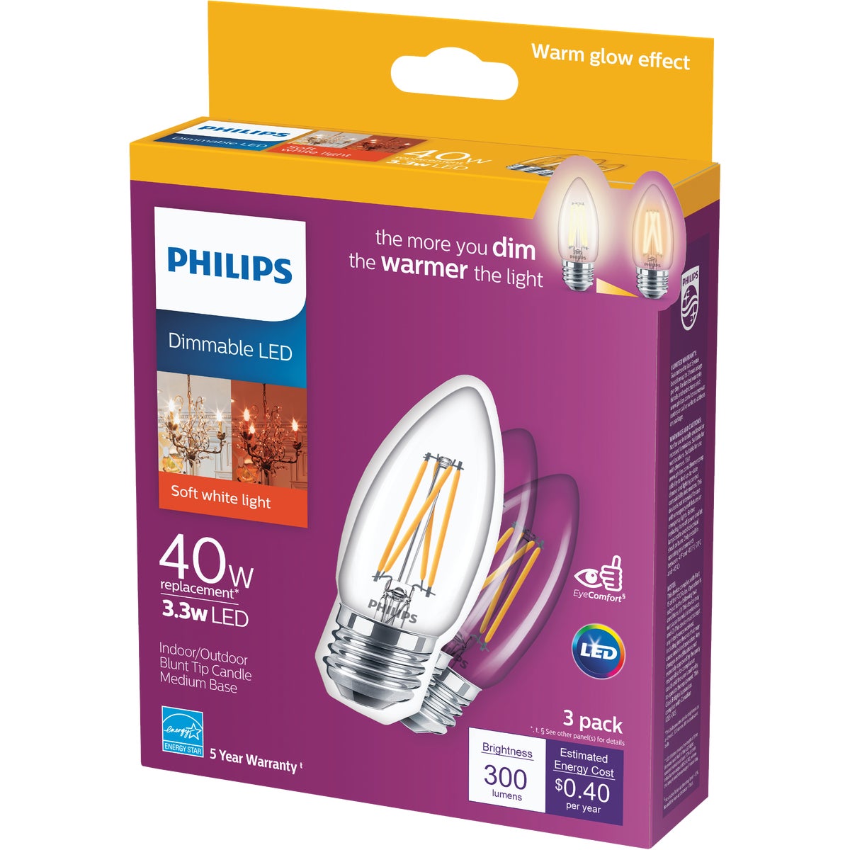 Philips Warm Glow 40W Equivalent Soft White B11 Medium Dimmable LED Decorative Light Bulb (3-Pack)