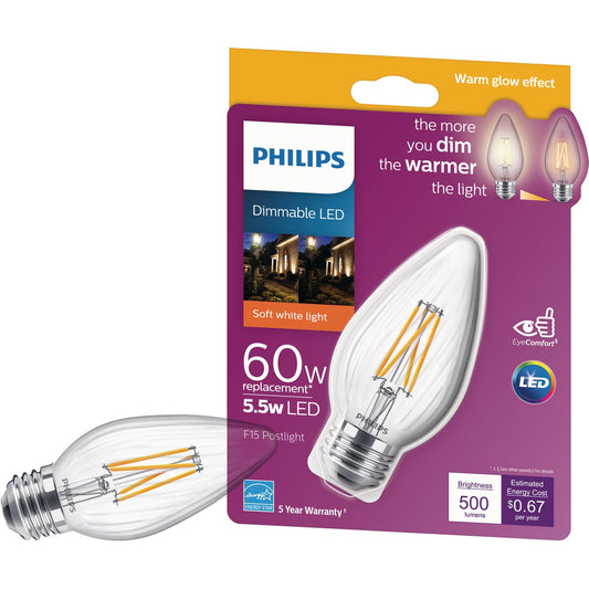 Philips Warm Glow 60W Equivalent Soft White F15 Medium Dimmable Post LED Decorative Light Bulb