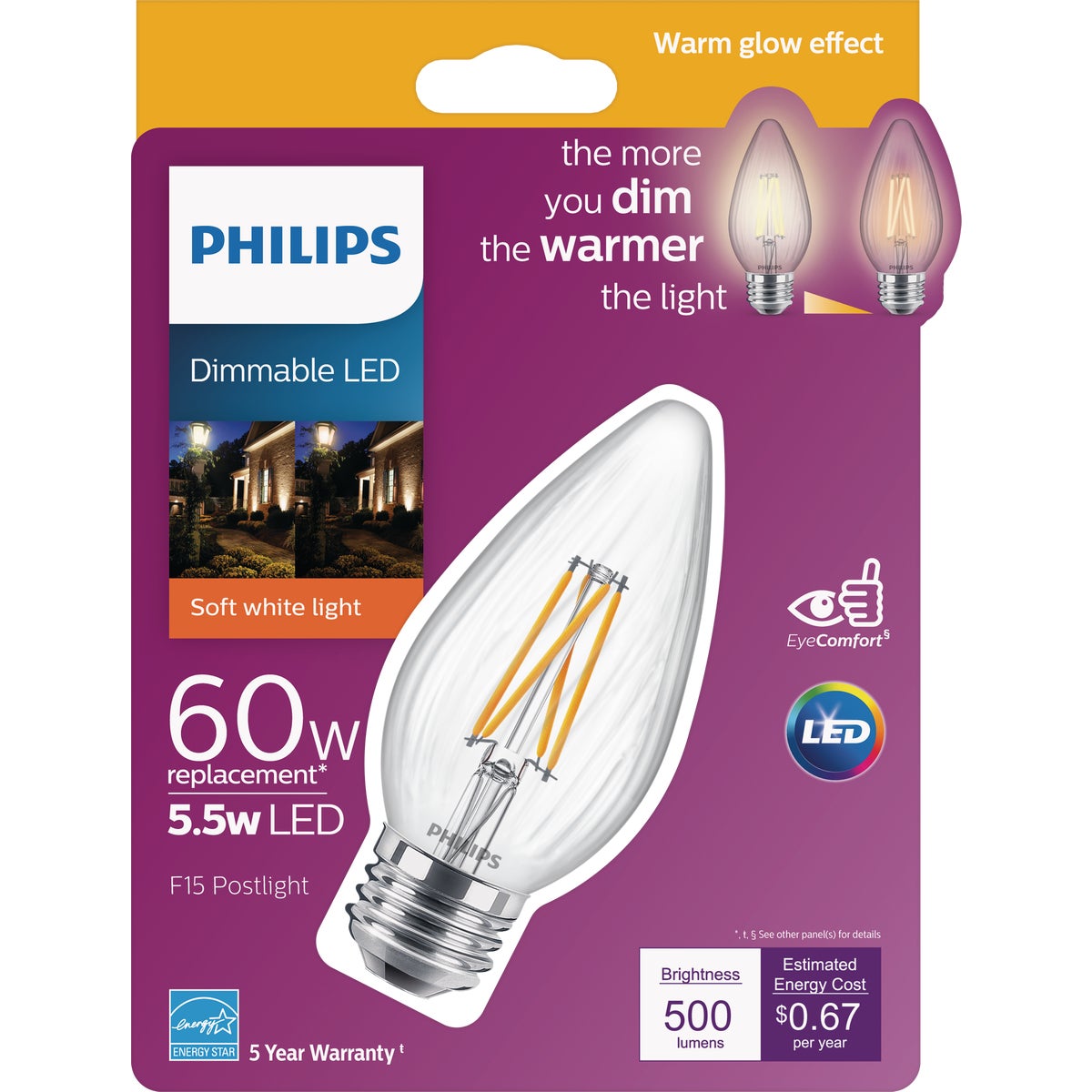 Philips Warm Glow 60W Equivalent Soft White F15 Medium Dimmable Post LED Decorative Light Bulb