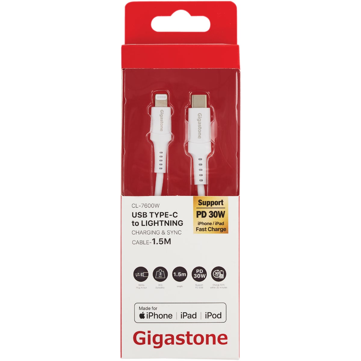 Gigastone 5 Ft. White Type-C to Lightning Charging & Sync Cable