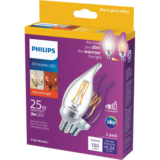 Philips Warm Glow 25W Equivalent Soft White BA11 Candelabra Dimmable LED Decorative Light Bulb (3-Pack)