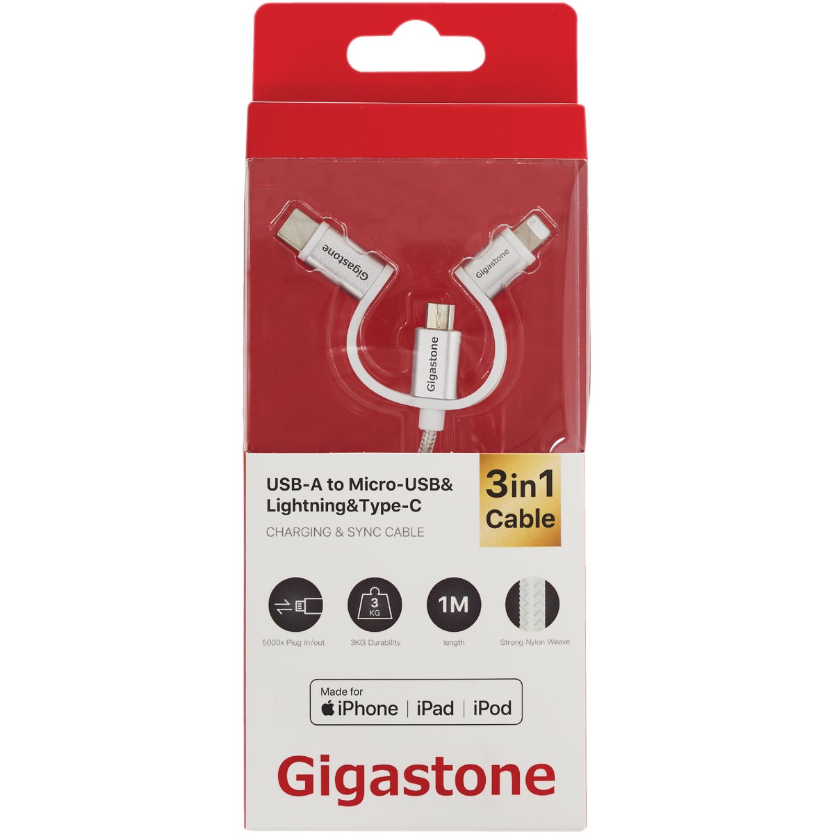 Gigastone 3 Ft. White 3-In-1 USB-A to Micro-USB/Lightning/Type-C Charging & Sync Cable