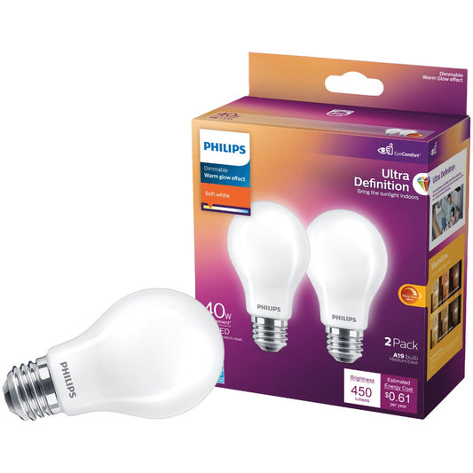 Philips Ultra Definition Warm Glow 40W Equivalent Soft White A19 Medium LED Light Bulb (2-Pack)