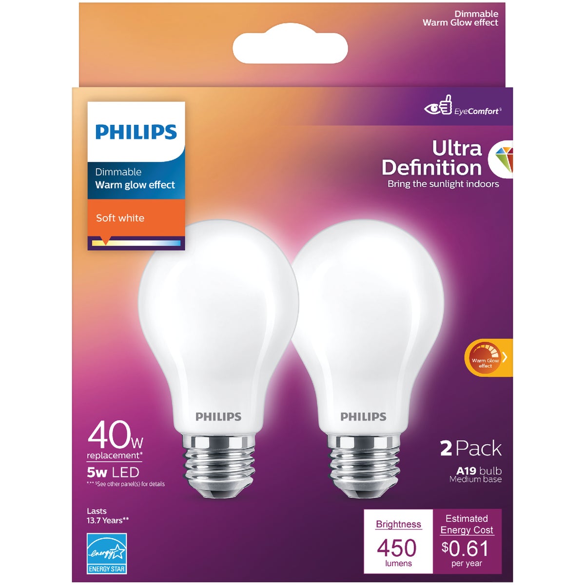 Philips Ultra Definition Warm Glow 40W Equivalent Soft White A19 Medium LED Light Bulb (2-Pack)