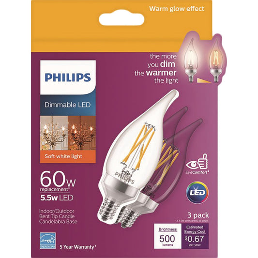 Philips Warm Glow 60W Equivalent Soft White BA11 Candelabra Dimmable LED Decorative Light Bulb (3-Pack)