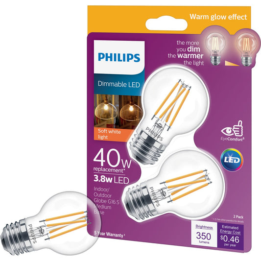 Philips Warm Glow 40W Equivalent Soft White G16.5 Medium Dimmable LED Decorative Light Bulb (2-Pack)