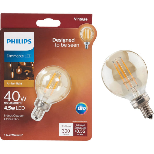 Philips Vintage Edison 40W Equivalent Soft White G16.5 Candelabra Dimmable LED Decorative Light Bulb