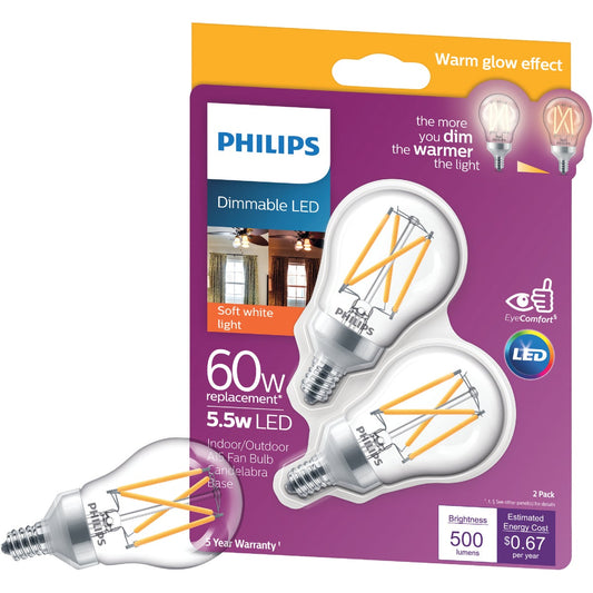 Philips Warm Glow 60W Equivalent Soft White A15 Candelabra Dimmable LED Light Bulb (2-Pack)8