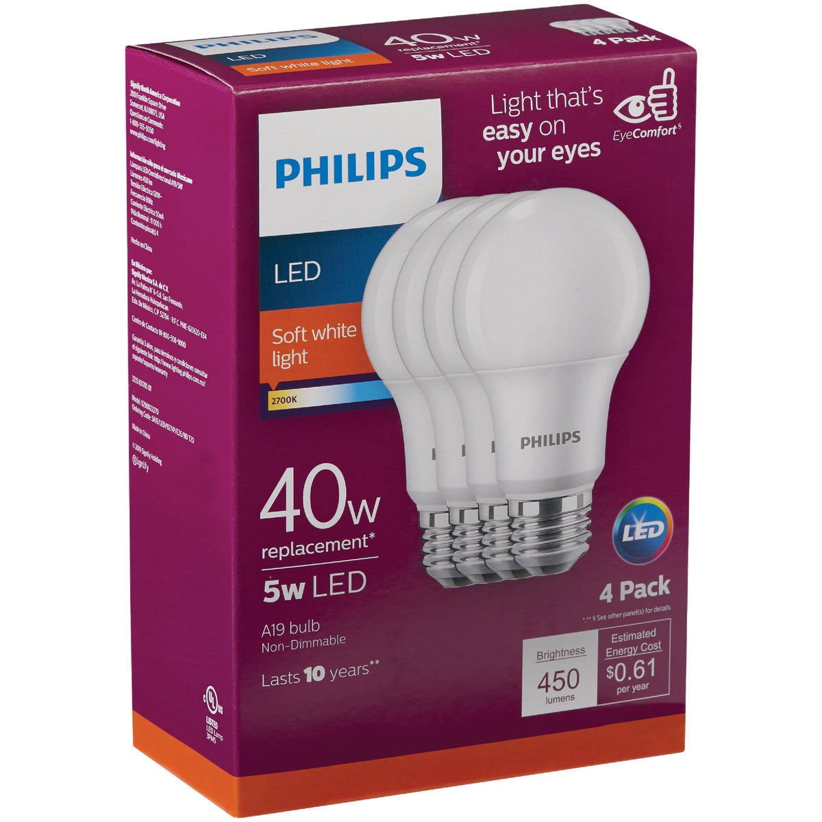 Philips 40W Equivalent Soft White A19 Medium LED Light Bulb (4-Pack)