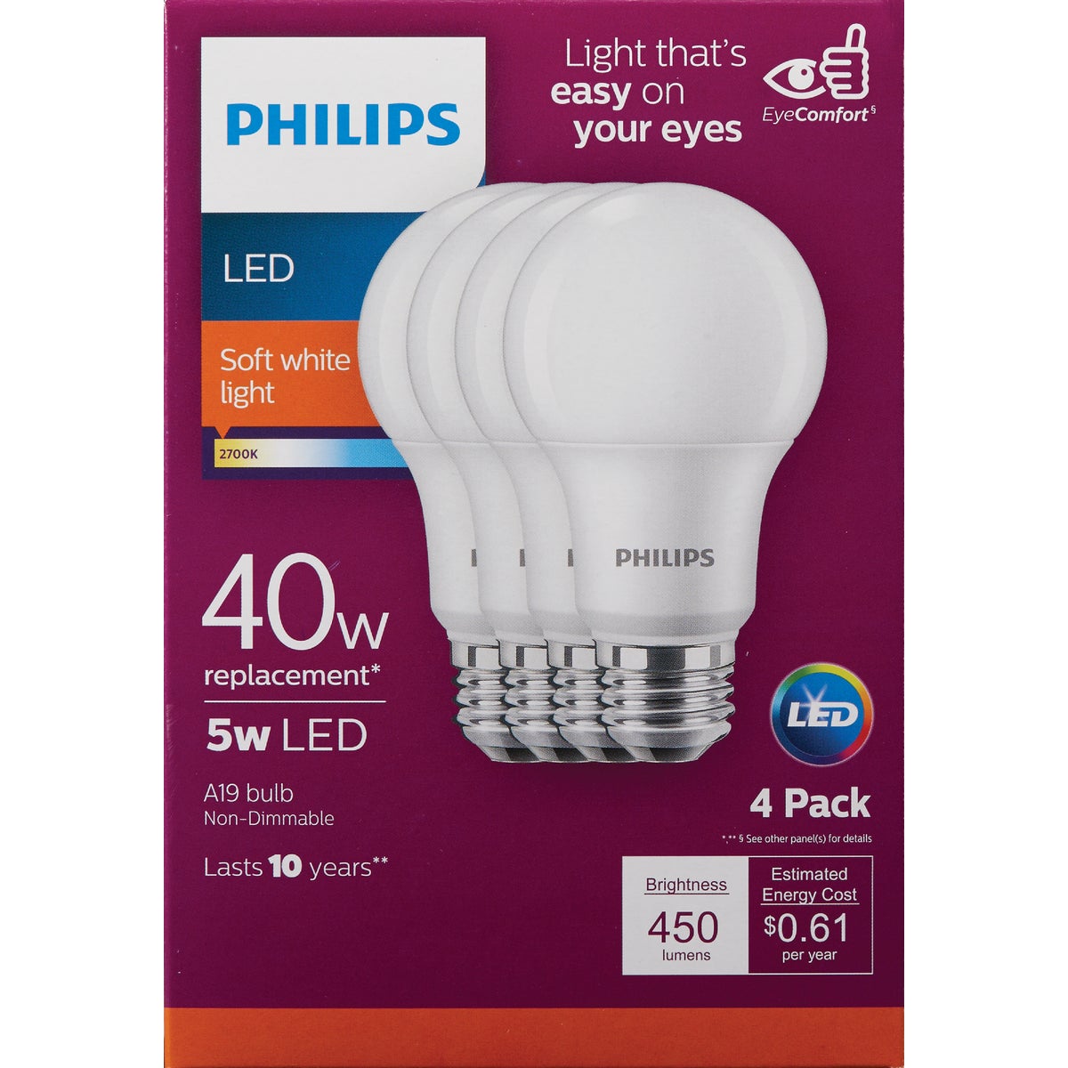 Philips 40W Equivalent Soft White A19 Medium LED Light Bulb (4-Pack)