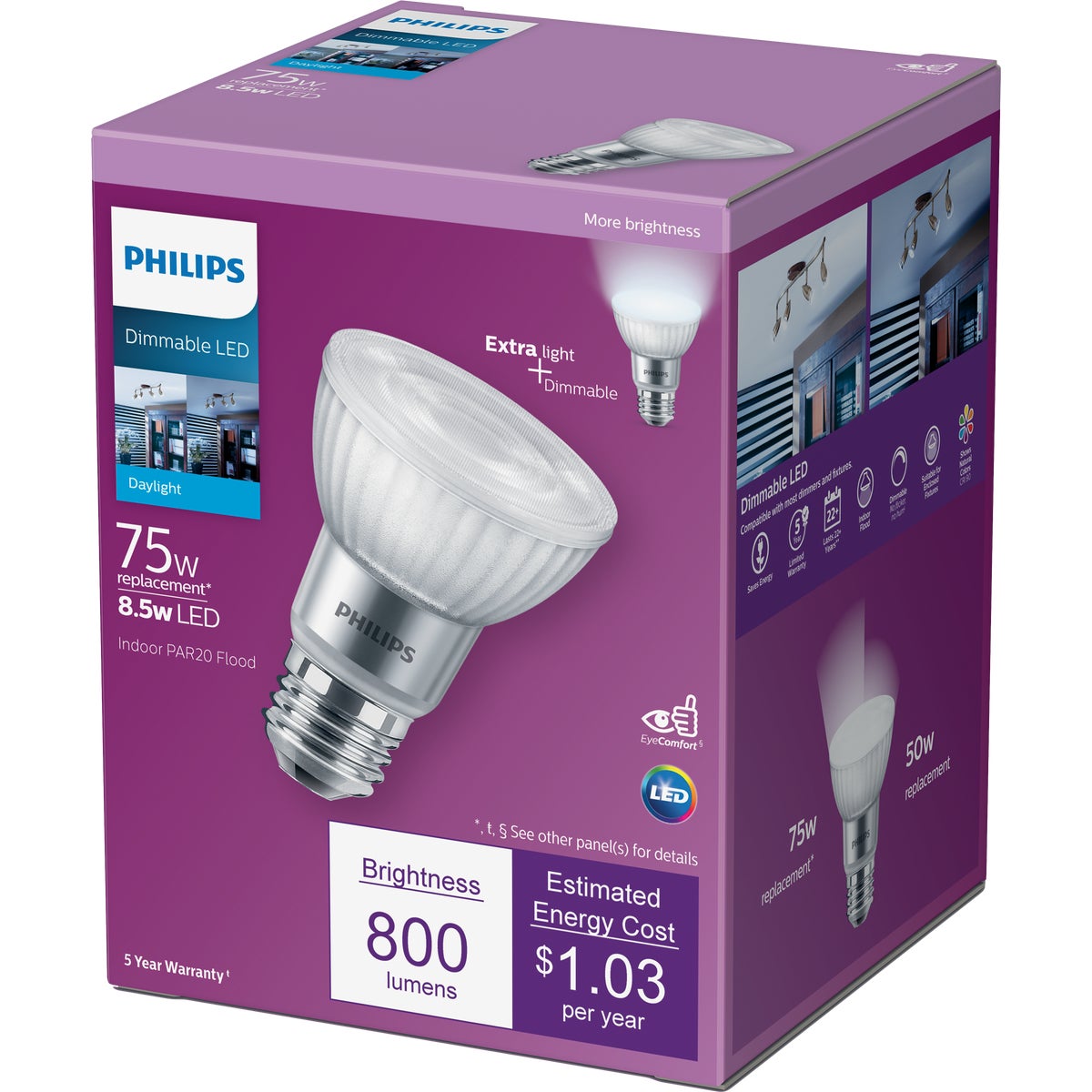 Philips 75W Equivalent Daylight PAR20 Medium Dimmable LED Floodlight Light Bulb