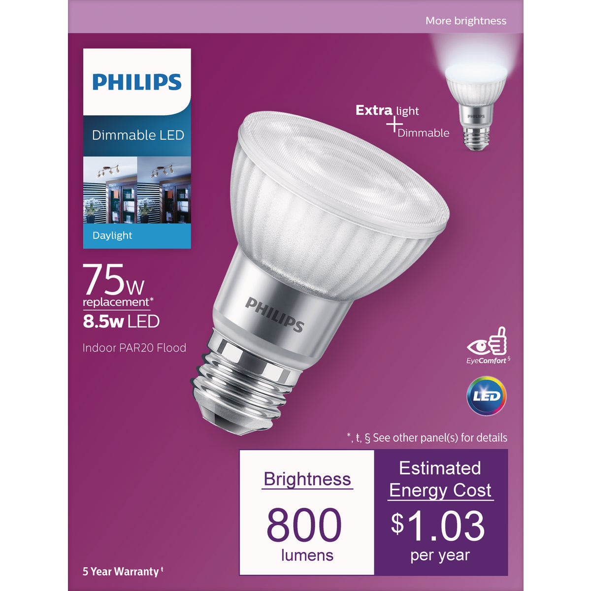 Philips 75W Equivalent Daylight PAR20 Medium Dimmable LED Floodlight Light Bulb