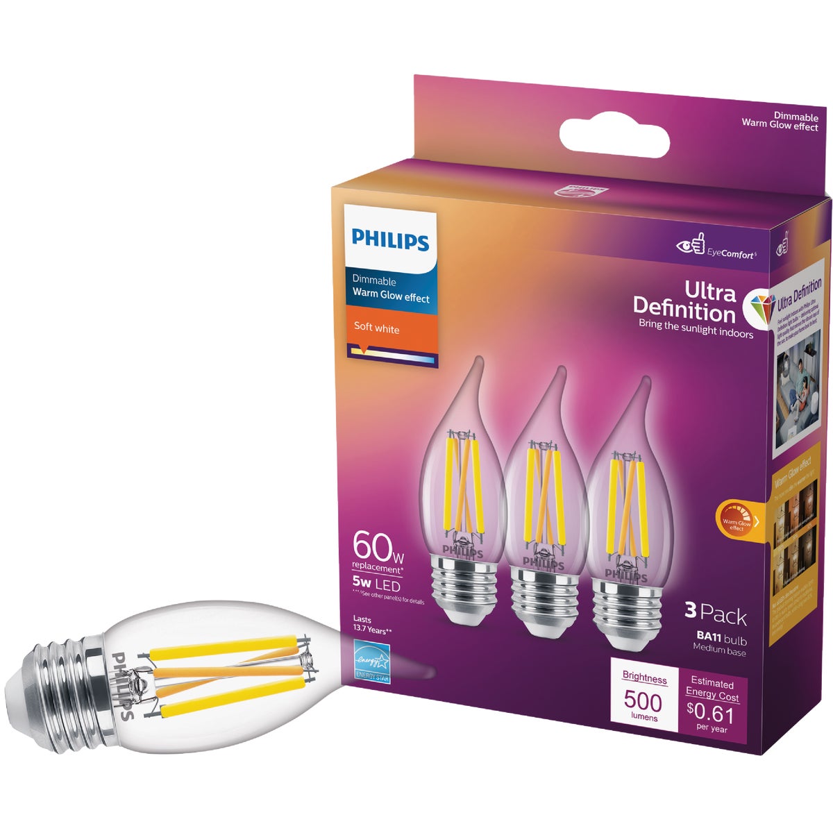 Philips Ultra Definition 60W Equivalent Soft White BA11 Medium LED Decorative Light Bulb (3-Pack)