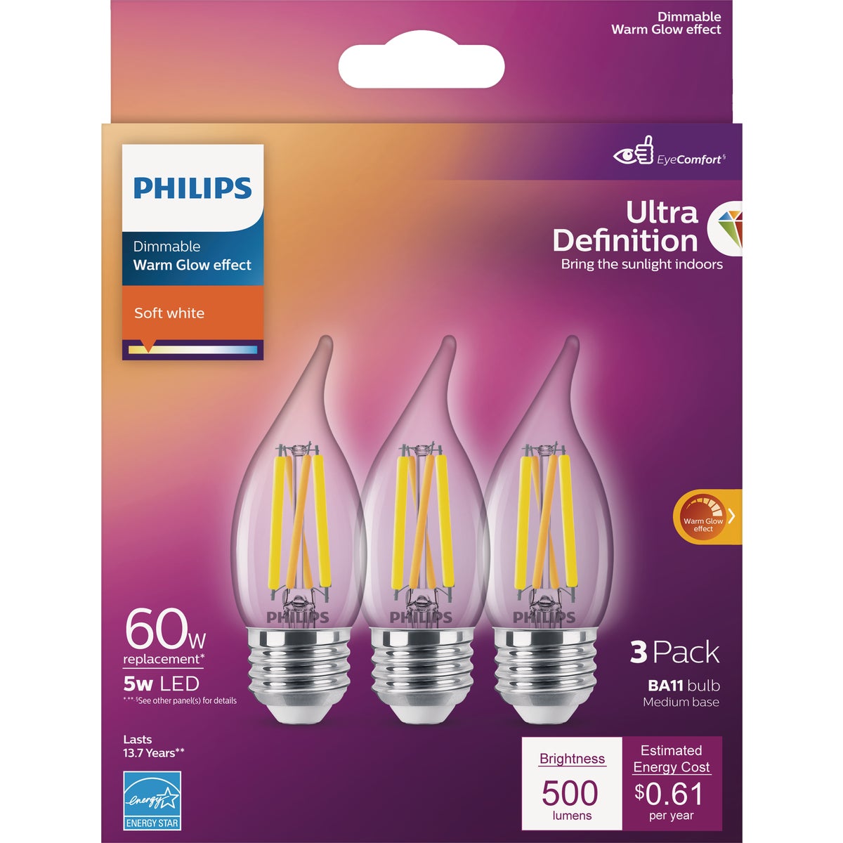 Philips Ultra Definition 60W Equivalent Soft White BA11 Medium LED Decorative Light Bulb (3-Pack)