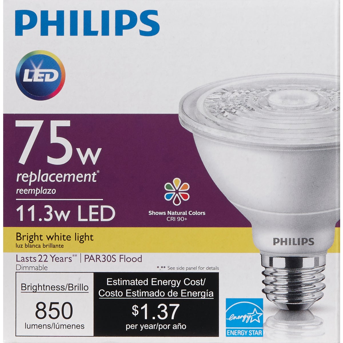 Philips 75W Equivalent Bright White PAR30 Short Neck Medium Dimmable LED Floodlight Light Bulb with 40 Deg. Beam