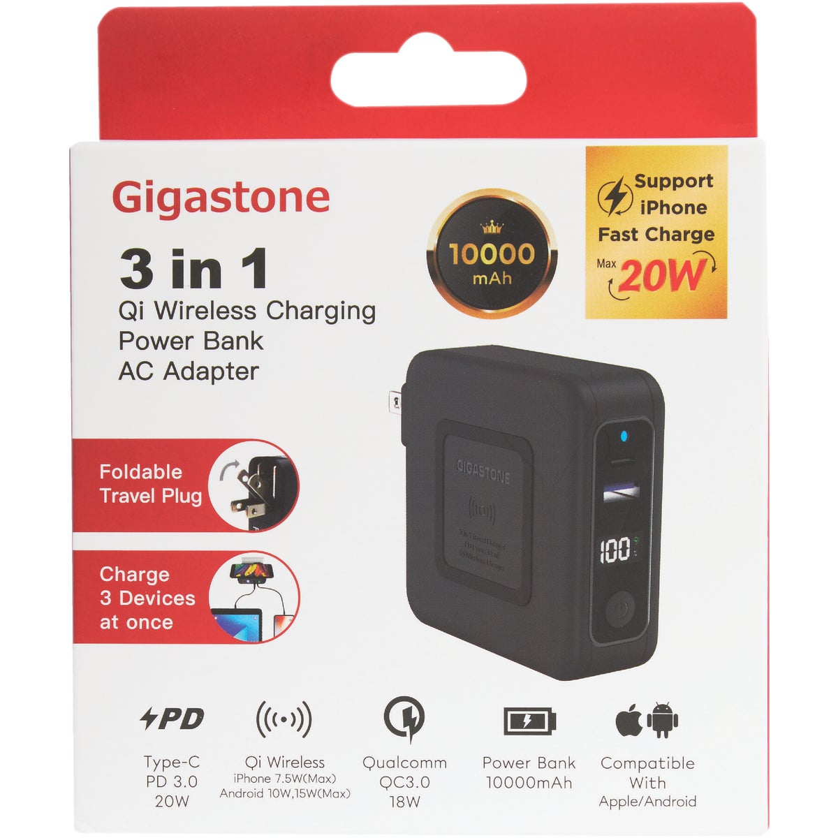 Gigastone 10,000 mAh 3-In-1 Qi Wireless Charging Black Power Bank with AC Adapter