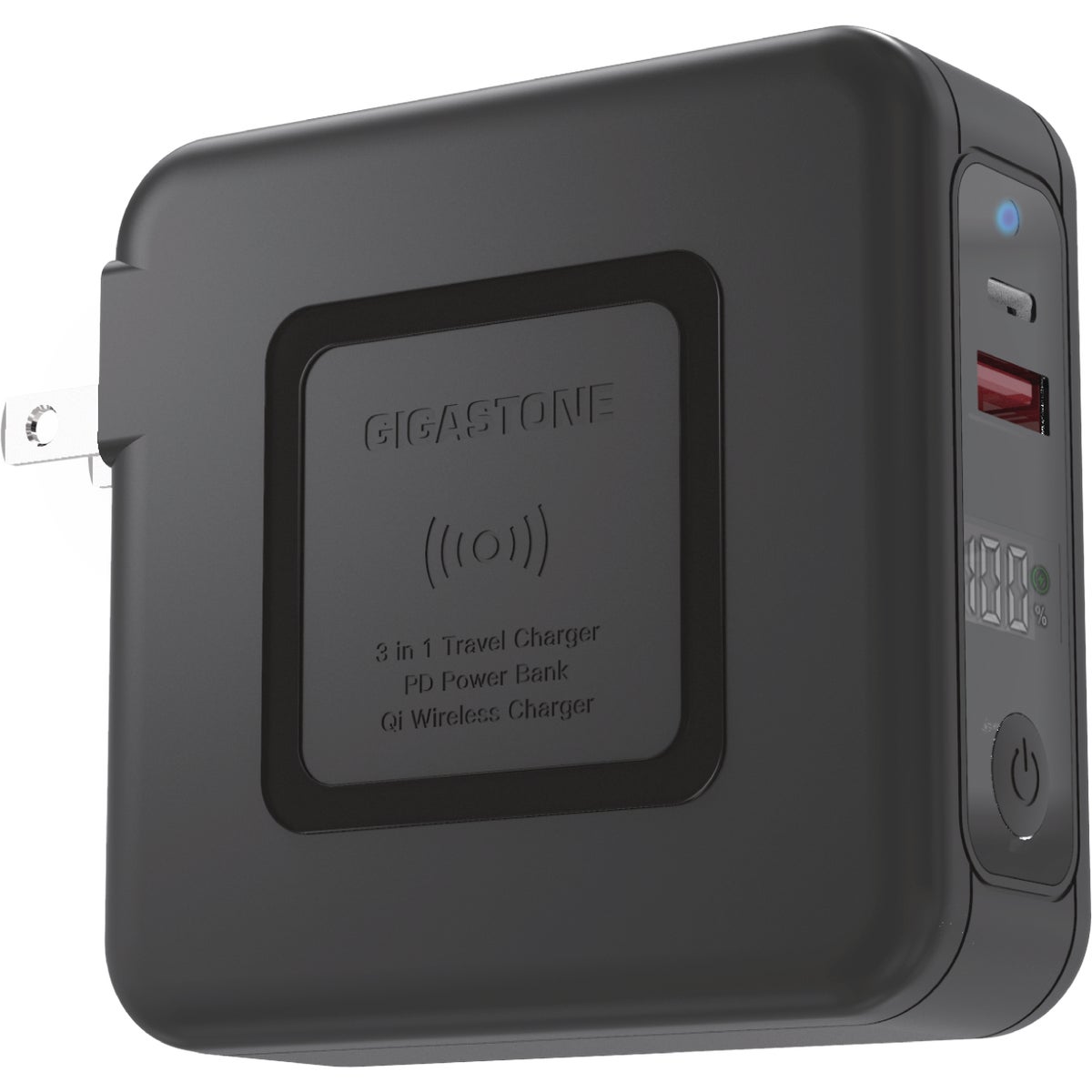 Gigastone 10,000 mAh 3-In-1 Qi Wireless Charging Black Power Bank with AC Adapter