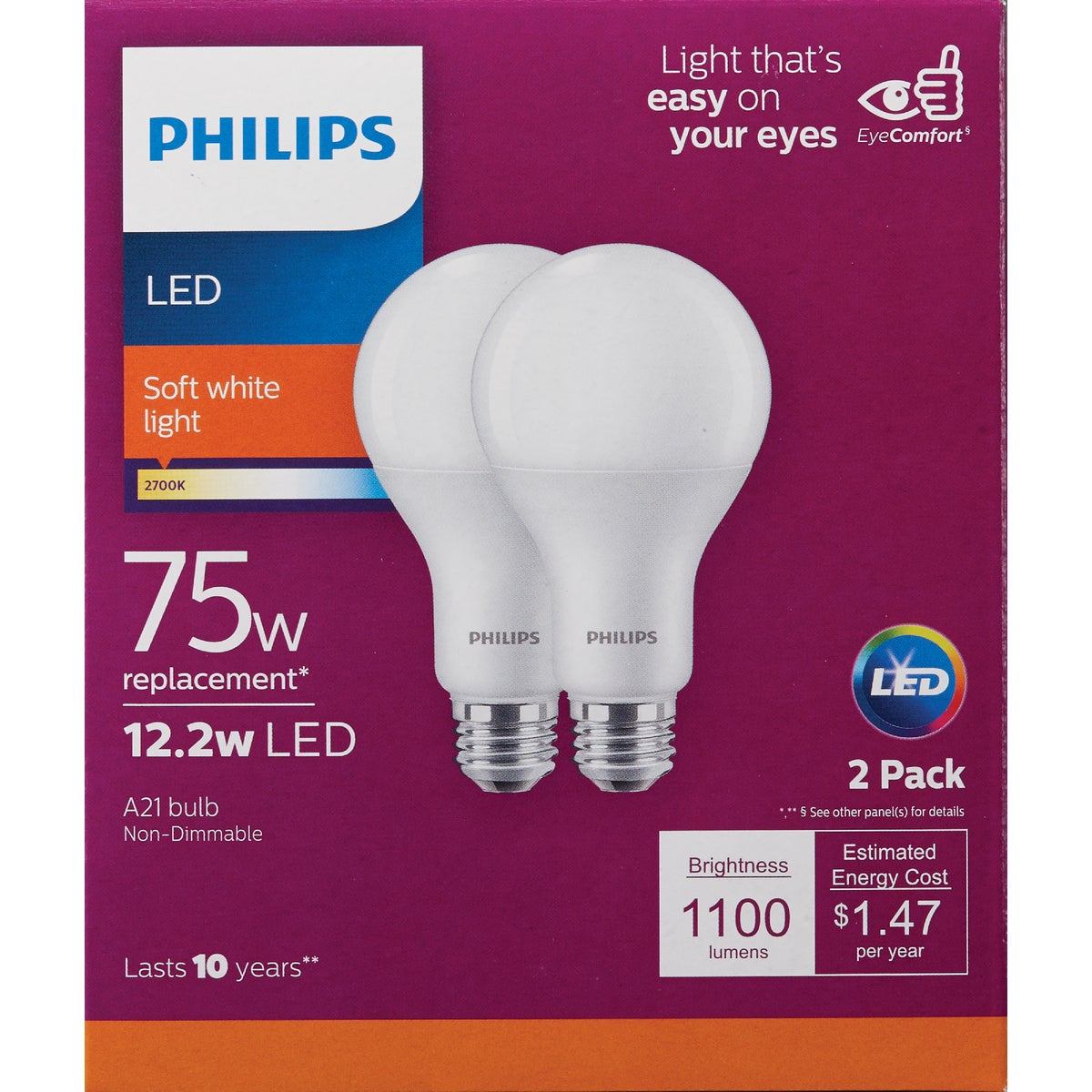 Philips 75W Equivalent Soft White A21 Medium LED Light Bulb (2-Pack)