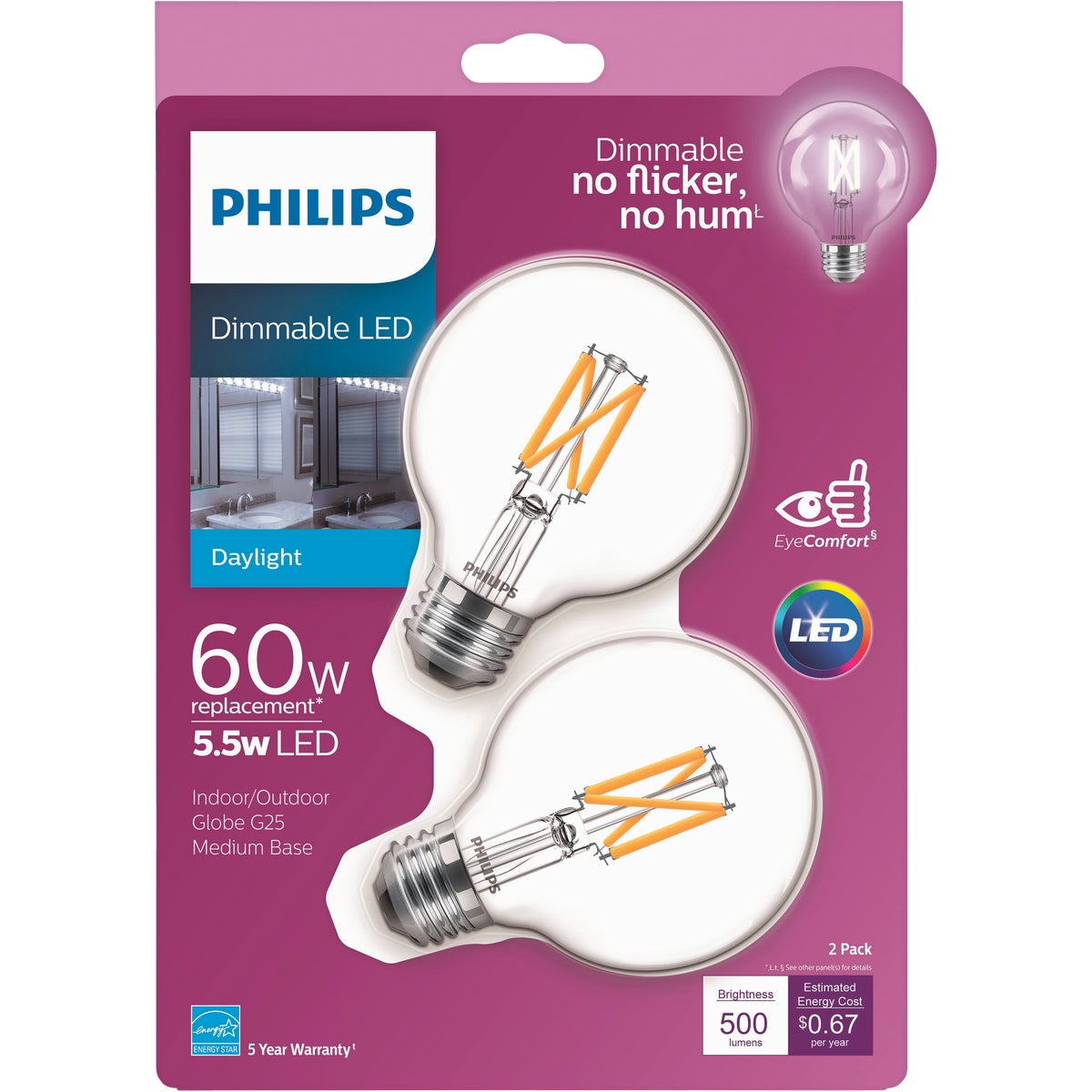 Philips Warm Glow 60W Equivalent Daylight G25 Medium Clear Dimmable Decorative Globe Light Bulb (2-Pack)