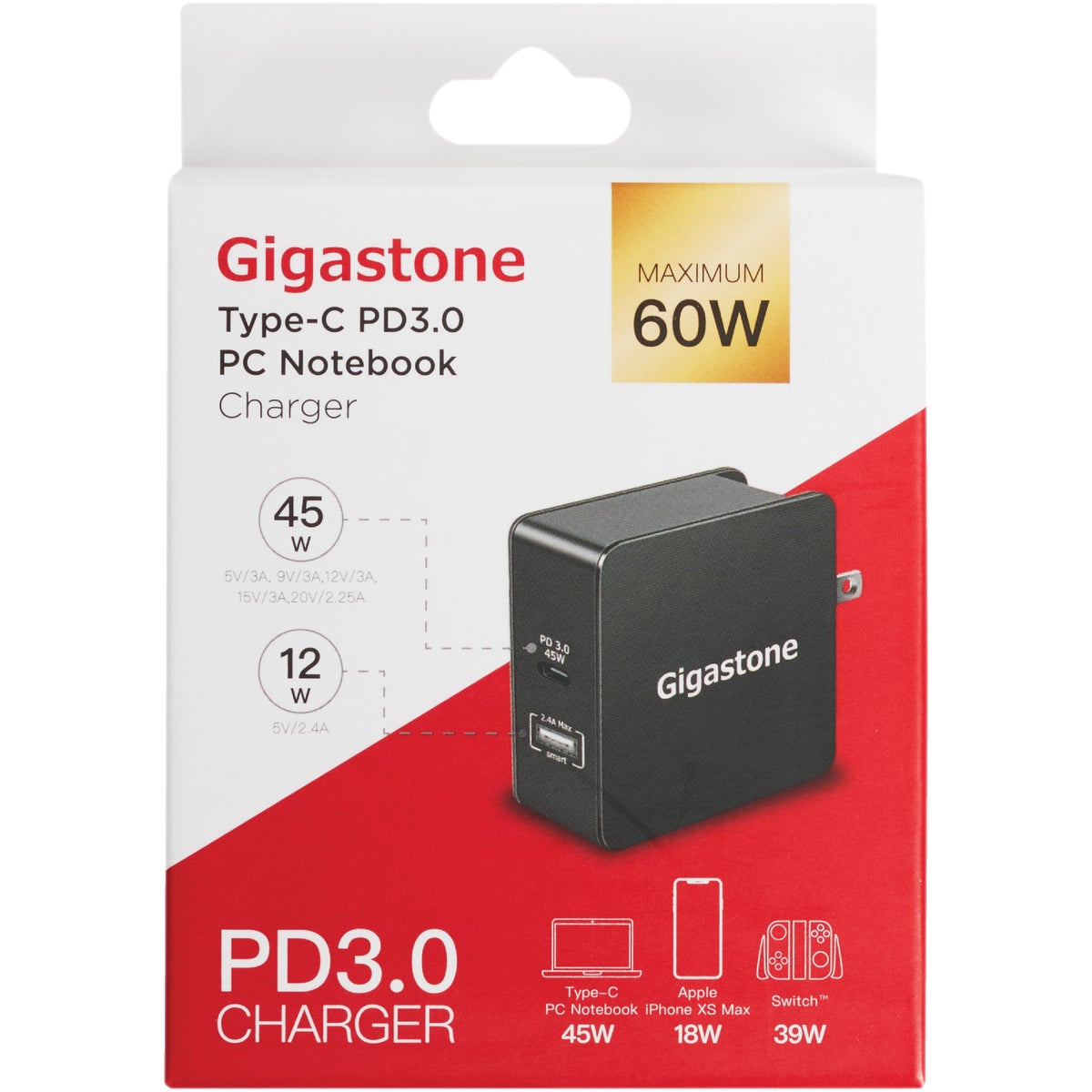 Gigastone Type-A & Type-C PD3.0 Black PC Notebook Wall Charger