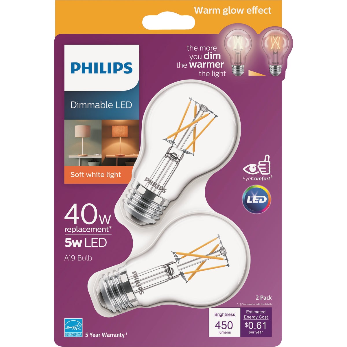 Philips Warm Glow 40W Equivalent Soft White A19 Medium Dimmable LED Light Bulb (2-Pack)