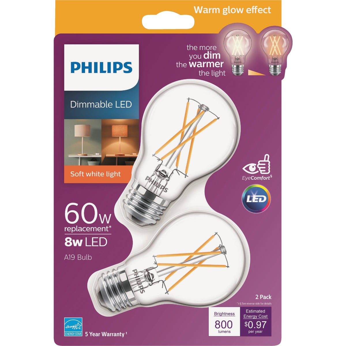 Philips Warm Glow 60W Equivalent Soft White A19 Medium Dimmable LED Light Bulb (2-Pack)