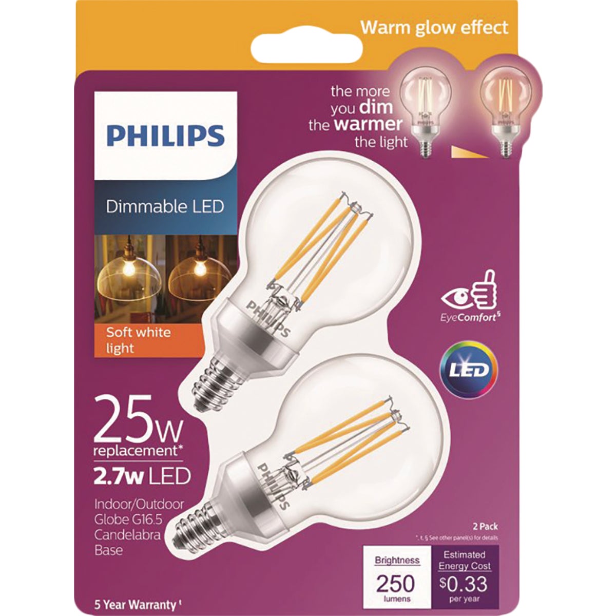 Philips Warm Glow 25W Equivalent Soft White G16.5 Candelabra Frosted Dimmable LED Decorative Light Bulb (2-Pack)