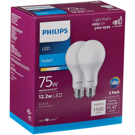 Philips 75W Equivalent Daylight A21 Medium LED Light Bulb (2-Pack)