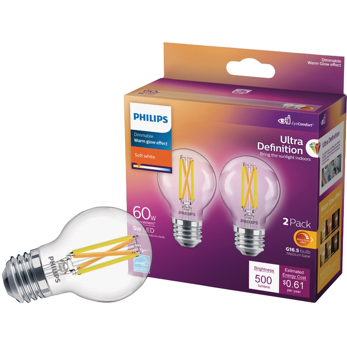 Philips Ultra Definition 60W Equivalent Soft White G16.5 Medium LED Decorative Light Bulb (2-Pack)