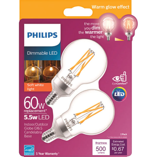 Philips Warm Glow 60W Equivalent Soft White G16.5 Candelabra Dimmable LED Decorative Light Bulb (2-Pack)