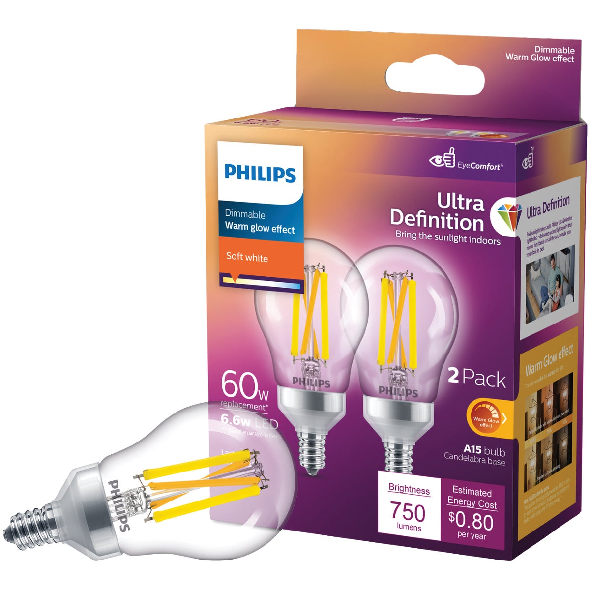 Philips Ultra Definition Warm Glow 60W Equivalent Soft White A15 Candelabra LED Light Bulb (2-Pack)