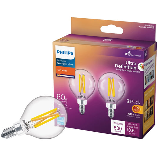 Philips Ultra Definition 60W Equivalent Soft White G16.5 Candelabra LED Decorative Light Bulb (2-Pack)