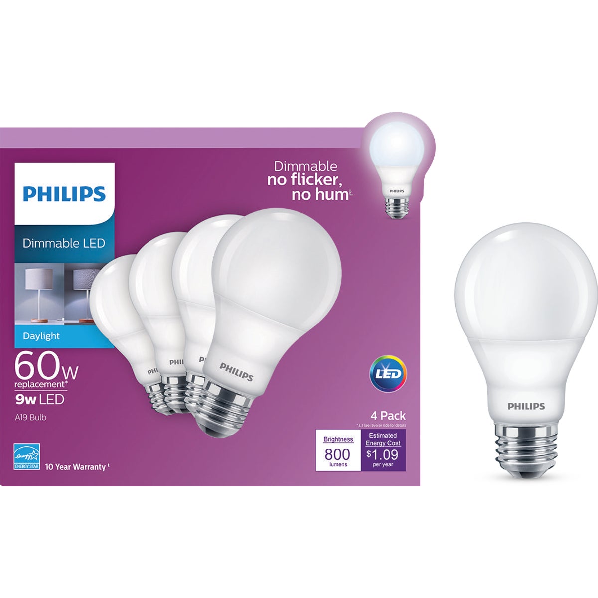 Philips 60W Equivalent Daylight A19 Medium Dimmable LED Light Bulb (4-Pack)
