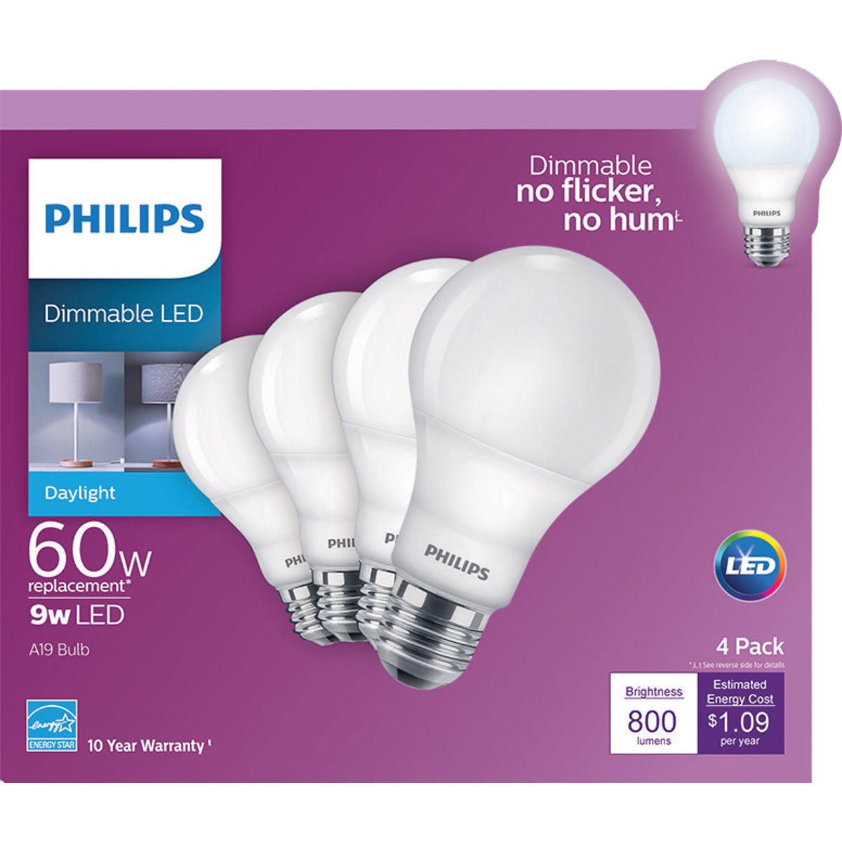 Philips 60W Equivalent Daylight A19 Medium Dimmable LED Light Bulb (4-Pack)