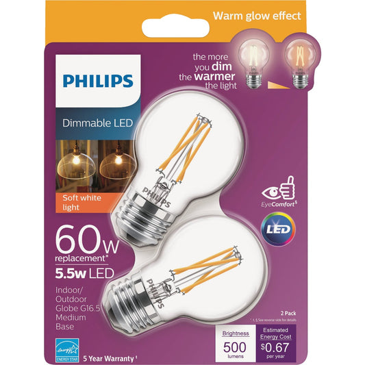 Philips Warm Glow 60W Eqivalent Soft White G16.5 Medium Dimmable LED Decorative Light Bulb (2-Pack)