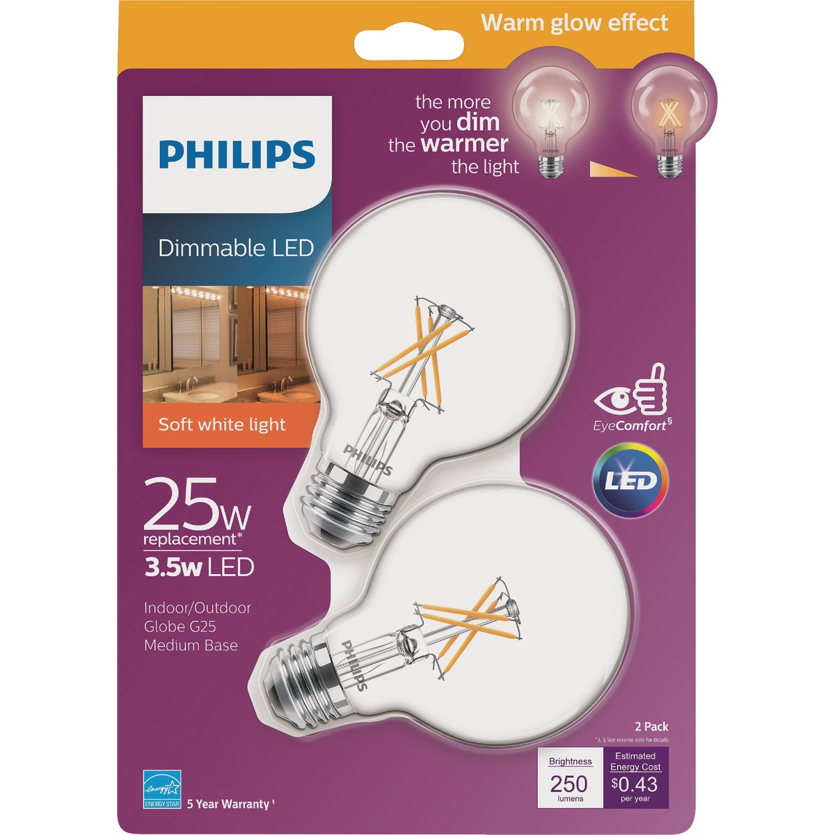 Philips Warm Glow 25W Equivalent Soft White G25 Medium Dimmable LED Decorative Globe Light Bulb (2-Pack)