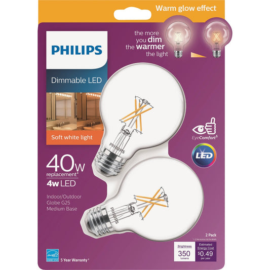 Philips Warm Glow 40W Equivalent Soft White G25 Medium Dimmable LED Decorative Globe Light Bulb (2-Pack)