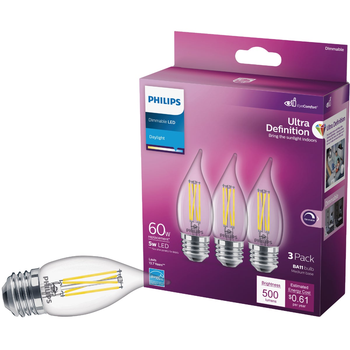 Philips Ultra Definition 60W Equivalent Daylight BA11 Medium LED Decorative Light Bulb (3-Pack)