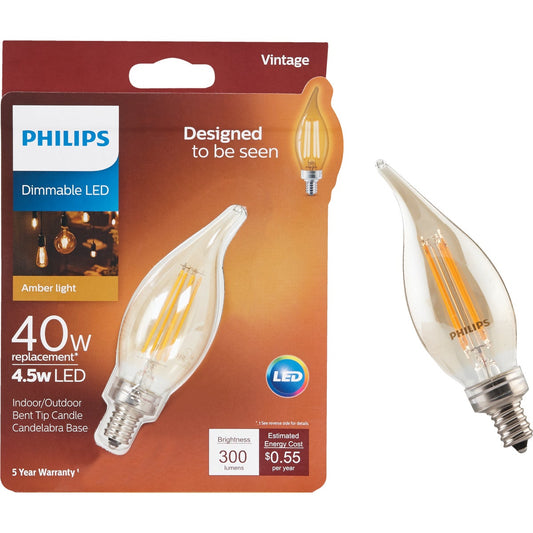 Philips Vintage Edison 40W Equivalent Soft White BA11 Candelabra Dimmable LED Decorative Light Bulb