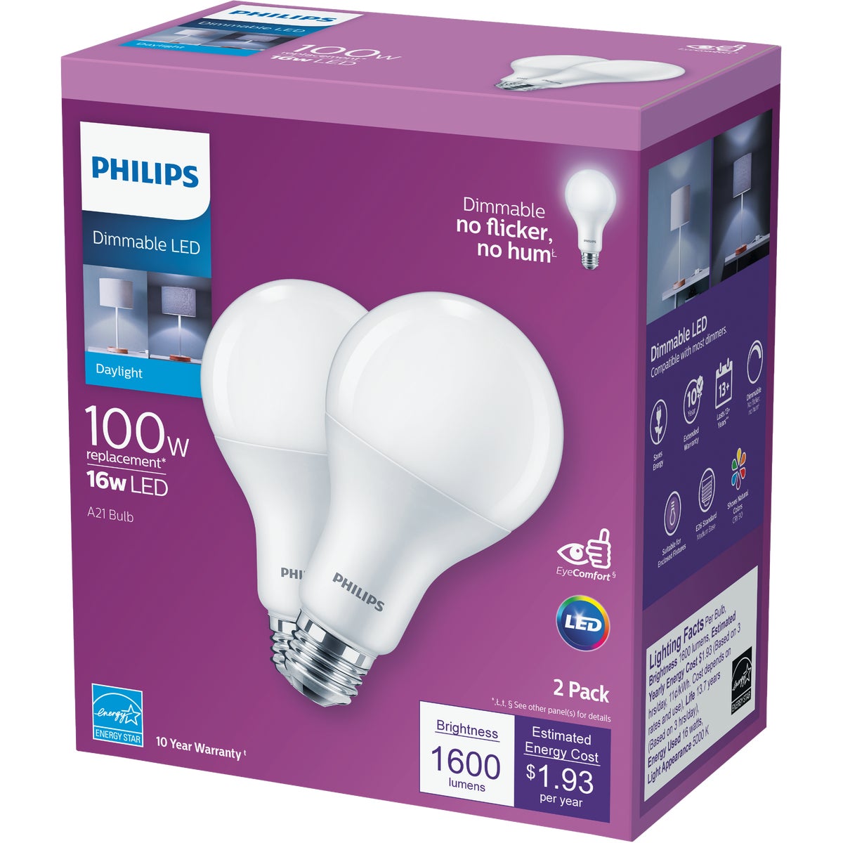 Philips 100W Equivalent Daylight A21 Medium Dimmable LED Light Bulb (2-Pack)