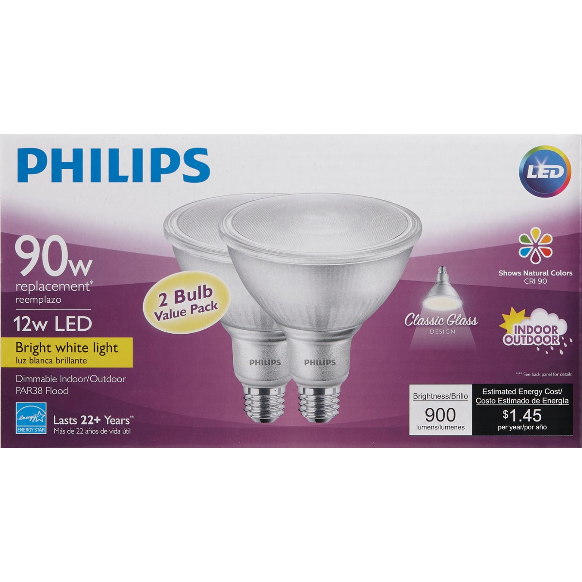 Philips 90W Equivalent Bright White PAR38 Medium Indoor/Outdoor LED Floodlight Light Bulb (2-Pack)