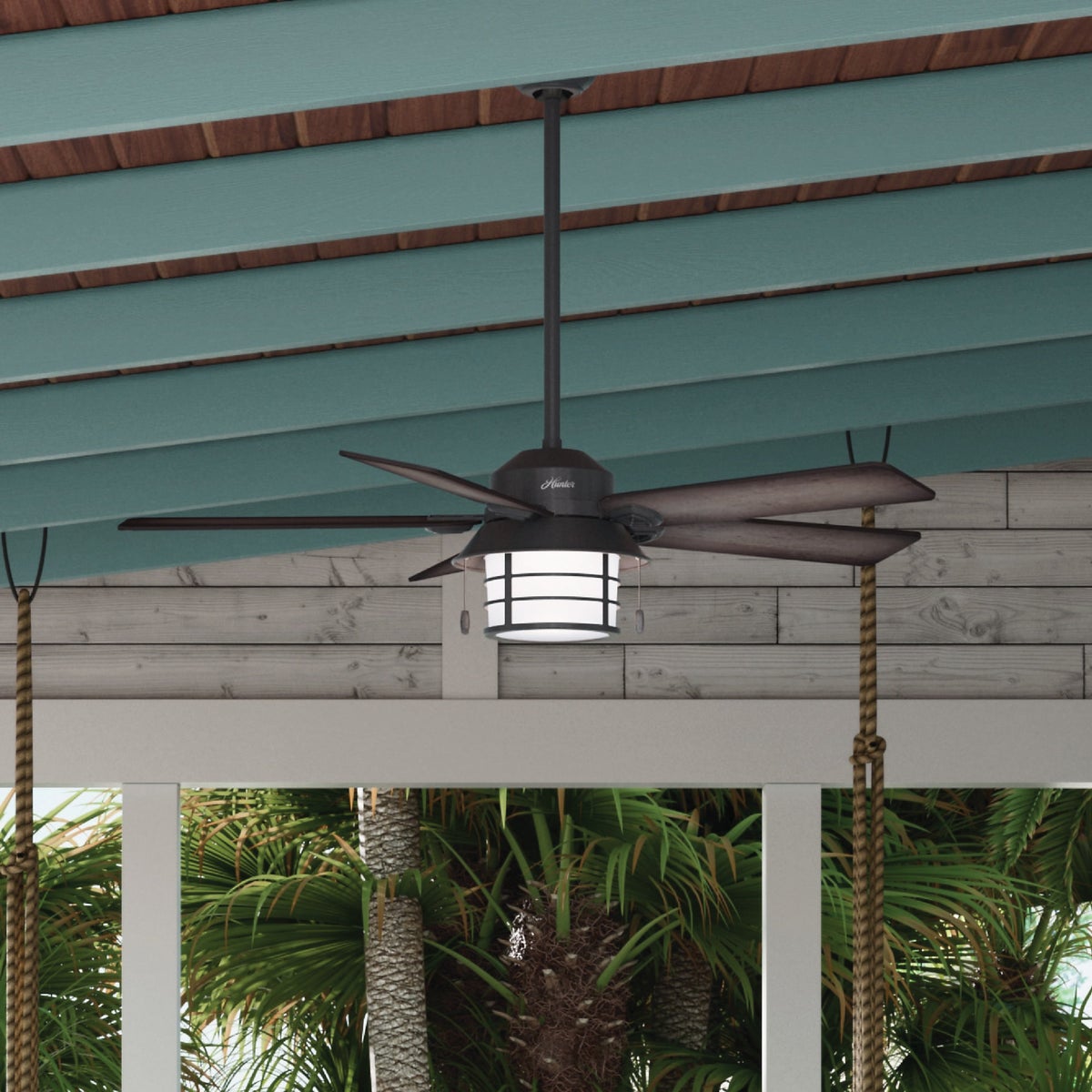 Hunter Key Biscayne 54 In. Weathered Zinc Outdoor Damp Rated Ceiling Fan with Light Kit