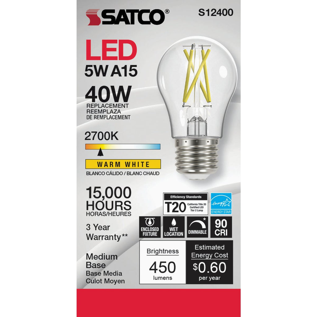 Satco 40W Equivalent Warm White A15 Medium Dimmable Traditional LED Light Bulb