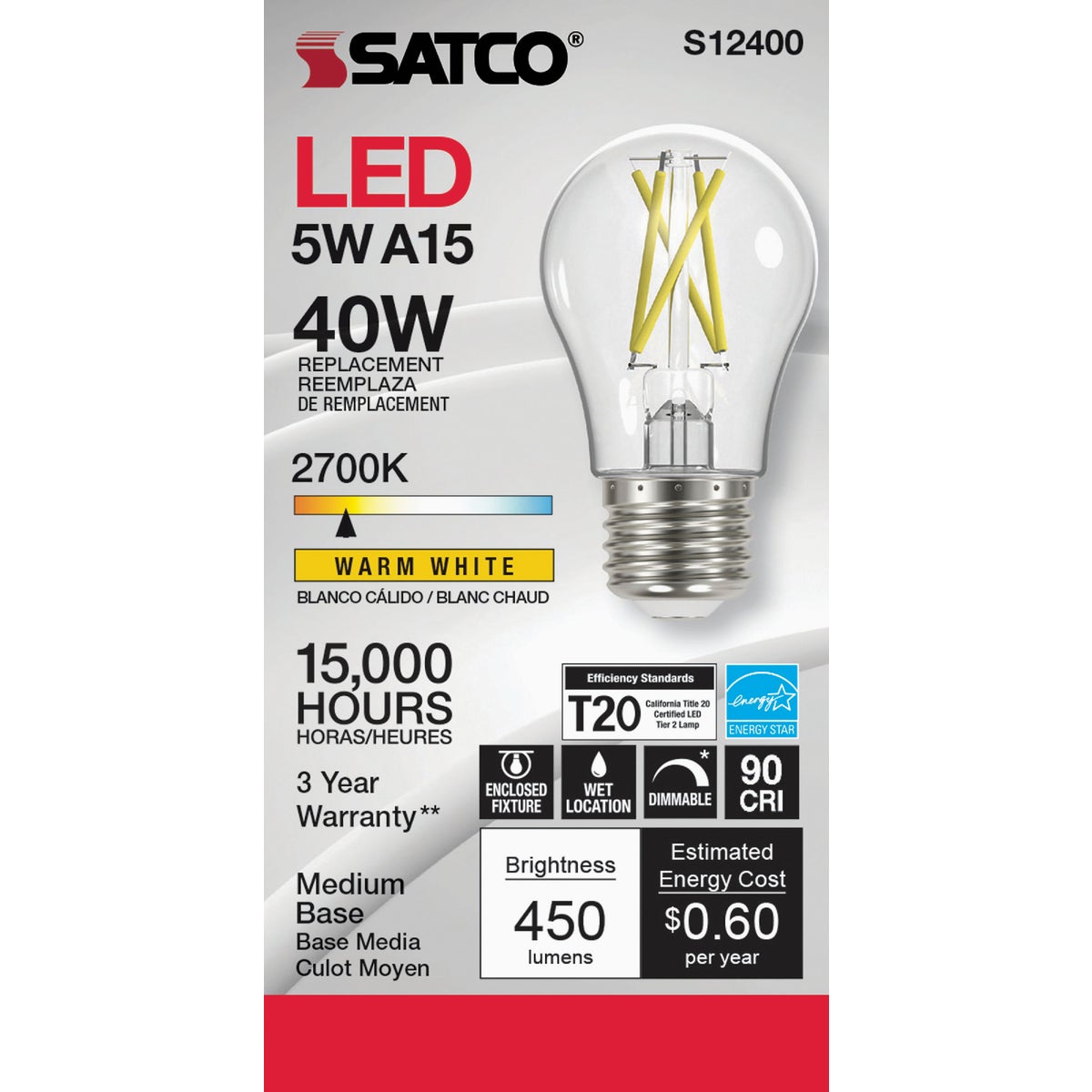 Satco 40W Equivalent Warm White A15 Medium Dimmable Traditional LED Light Bulb
